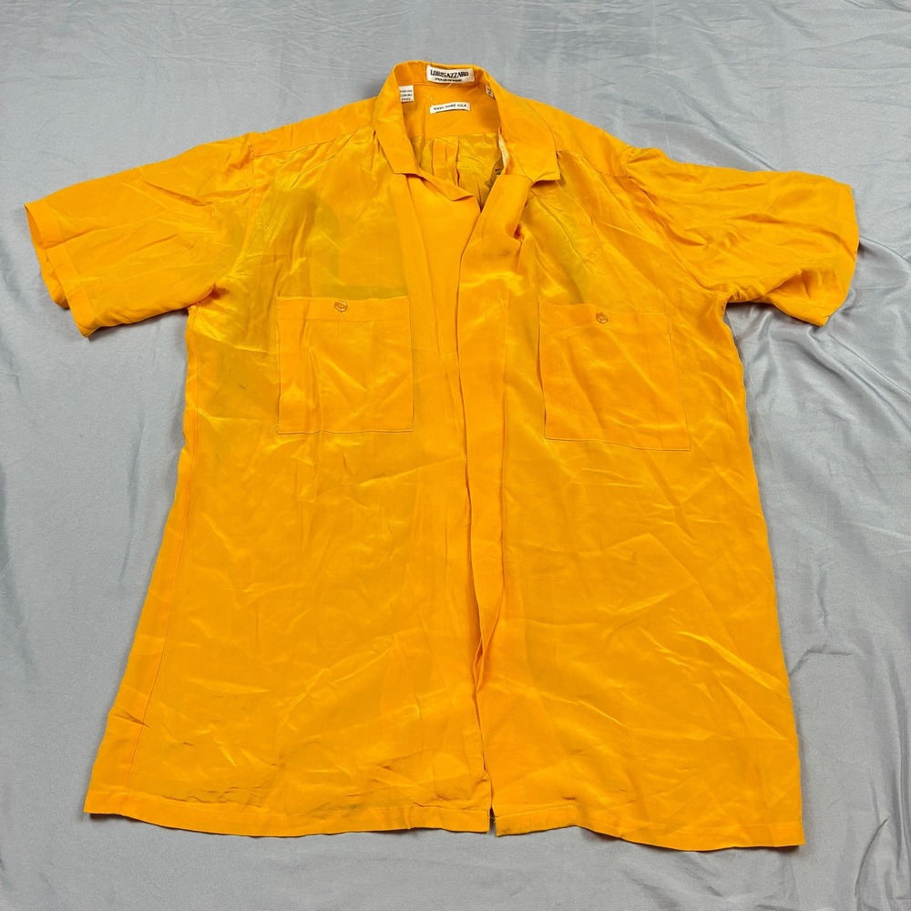 Mens Silk Shirt Loris Azzaro Medium Orange Graphic Back Short Sleeve Camp Collar